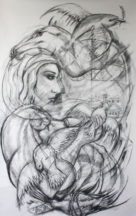 Drawing titled "Espoir de paix" by Marwanart, Original Artwork, Pencil