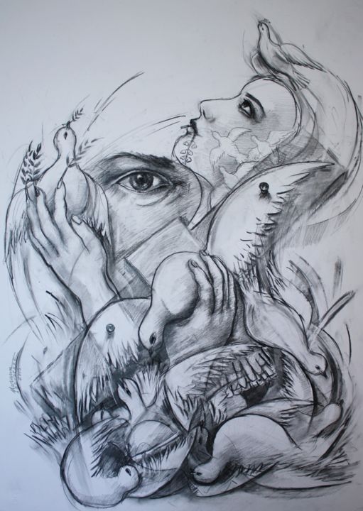 Drawing titled "La paix crucifiée" by Marwanart, Original Artwork, Pencil