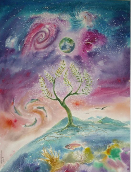 Painting titled "L'arbre céléste" by Marwanart, Original Artwork, Watercolor