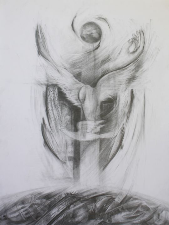 Drawing titled "Crucifixion" by Marwanart, Original Artwork, Pencil