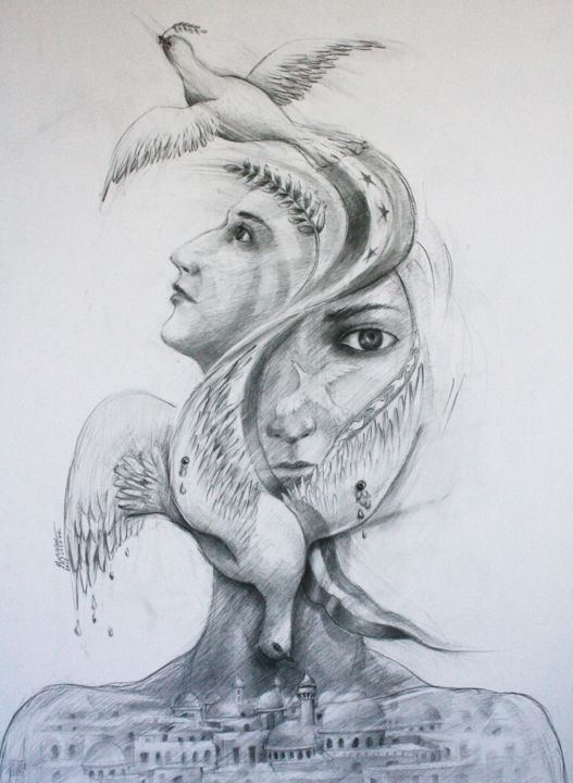 Dessin intitulée "Portrait de la paix" par Marwanart, Œuvre d'art originale, Crayon