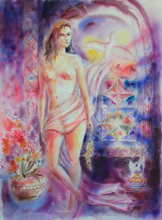 Painting titled "Attente" by Marwanart, Original Artwork, Watercolor