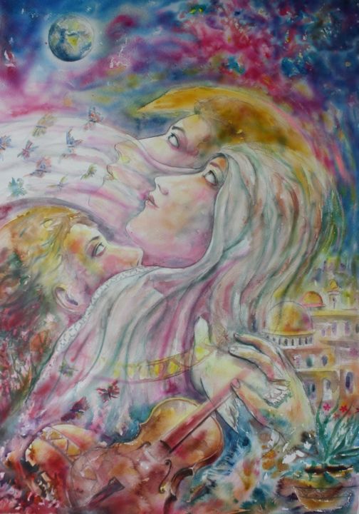 Painting titled "Regard vers l'infini" by Marwanart, Original Artwork, Watercolor