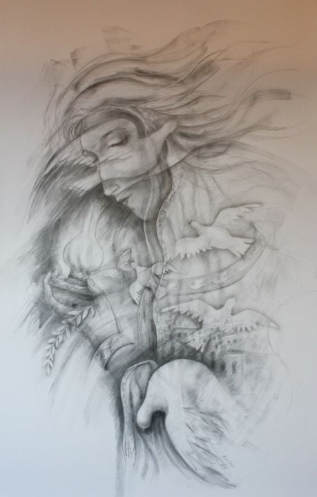 Dessin intitulée "Rêve de paix" par Marwanart, Œuvre d'art originale, Graphite