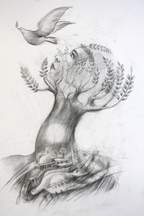 Drawing titled "Espoir" by Marwanart, Original Artwork, Pencil