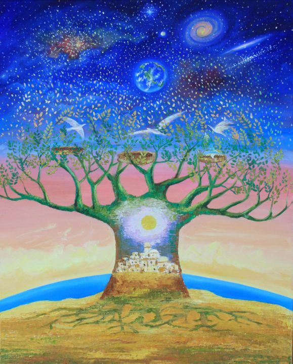 Pintura intitulada "arbre-céléste" por Marwanart, Obras de arte originais, Óleo