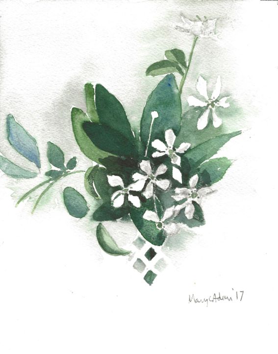 Painting titled "White flowers" by Mary Adam, Original Artwork, Watercolor