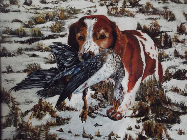 Painting titled "" JOUR DE CHASSE ".…" by Maryvonne Charvet, Original Artwork, Oil Mounted on Wood Stretcher frame