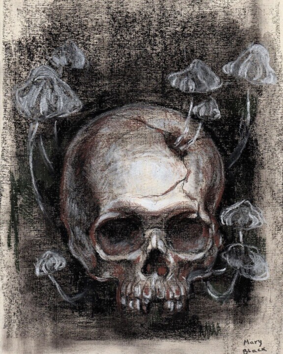 Dessin intitulée "Mushroom Skull" par Mary Black, Œuvre d'art originale, Pastel