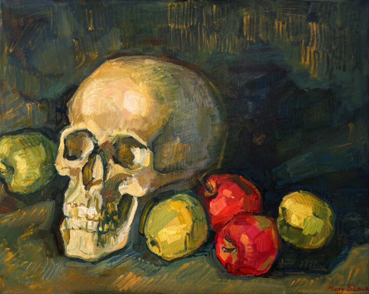 Malerei mit dem Titel "Skull With Apples" von Mary Black, Original-Kunstwerk, Öl