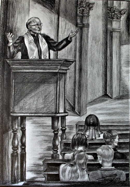 图画 标题为“The Sermon” 由Mary Joan Attard, 原创艺术品, 石墨 安装在其他刚性面板上