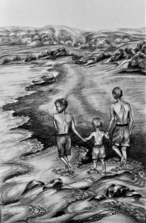 Drawing titled "Brothers at the Bea…" by Mary Joan Attard, Original Artwork, Graphite Mounted on Other rigid panel
