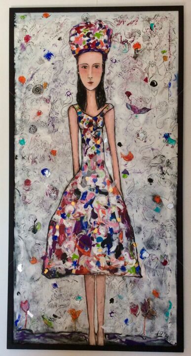 Painting titled "Flower girl" by Mary Larsson, Original Artwork, Acrylic Mounted on Wood Stretcher frame
