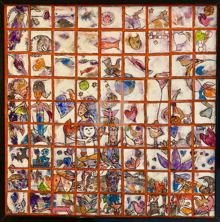 Ζωγραφική με τίτλο "The patchwork of my…" από Mary Larsson, Αυθεντικά έργα τέχνης, Ακρυλικό Τοποθετήθηκε στο Ξύλινο φορείο σ…
