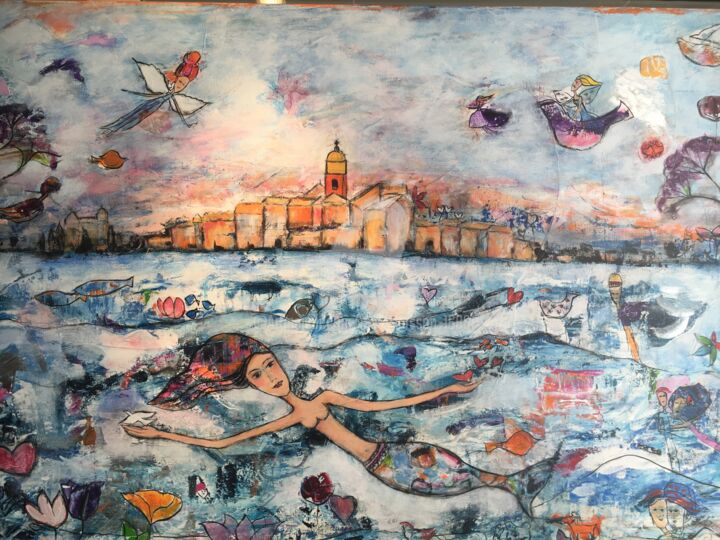 Painting titled "La belle sirène" by Mary Larsson, Original Artwork, Acrylic Mounted on Wood Stretcher frame