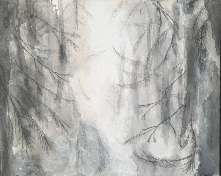 Peinture intitulée "fog in the forest" par Mary New, Œuvre d'art originale, Acrylique Monté sur Panneau de bois