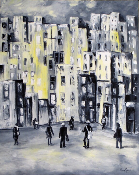 Painting titled "City Life" by Mary Papas, Original Artwork, Oil