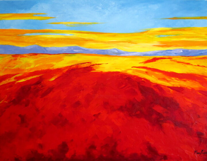 Painting titled "The Gold In The Sky" by Mary Papas, Original Artwork, Oil Mounted on Wood Stretcher frame