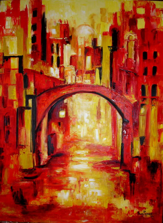 Painting titled "Venis Canal" by Mary Papas, Original Artwork, Oil Mounted on Other rigid panel
