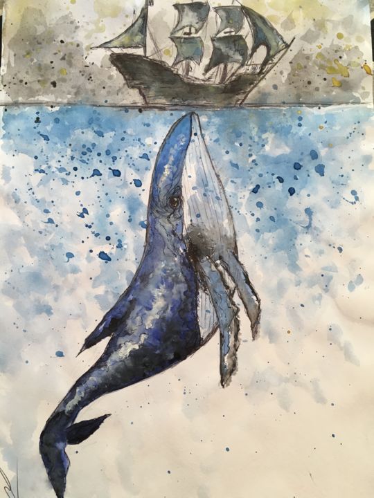 Painting titled "Whales are among us" by Mary Field, Original Artwork, Watercolor