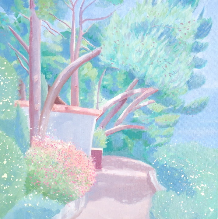 Peinture intitulée "Sunlit trees, Monaco" par Mary Stubberfield, Œuvre d'art originale, Huile Monté sur Châssis en bois