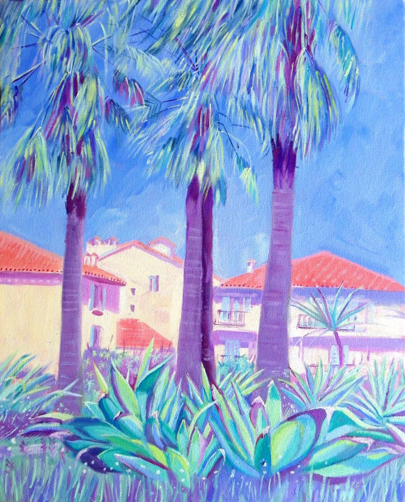Painting titled "Palm Trees, Antibes" by Mary Stubberfield, Original Artwork, Oil Mounted on Wood Stretcher frame