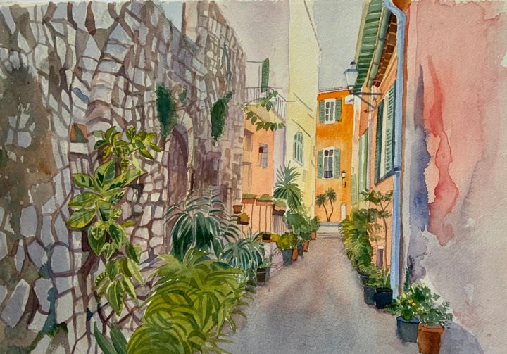 Painting titled "Villefranche sur mer" by Mary Stubberfield, Original Artwork, Watercolor