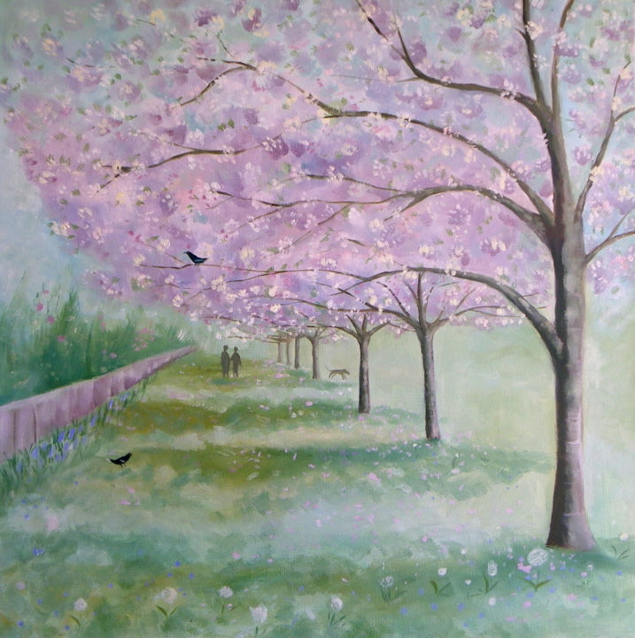 Painting titled "Blossom Walk" by Mary Stubberfield, Original Artwork, Oil Mounted on Wood Stretcher frame