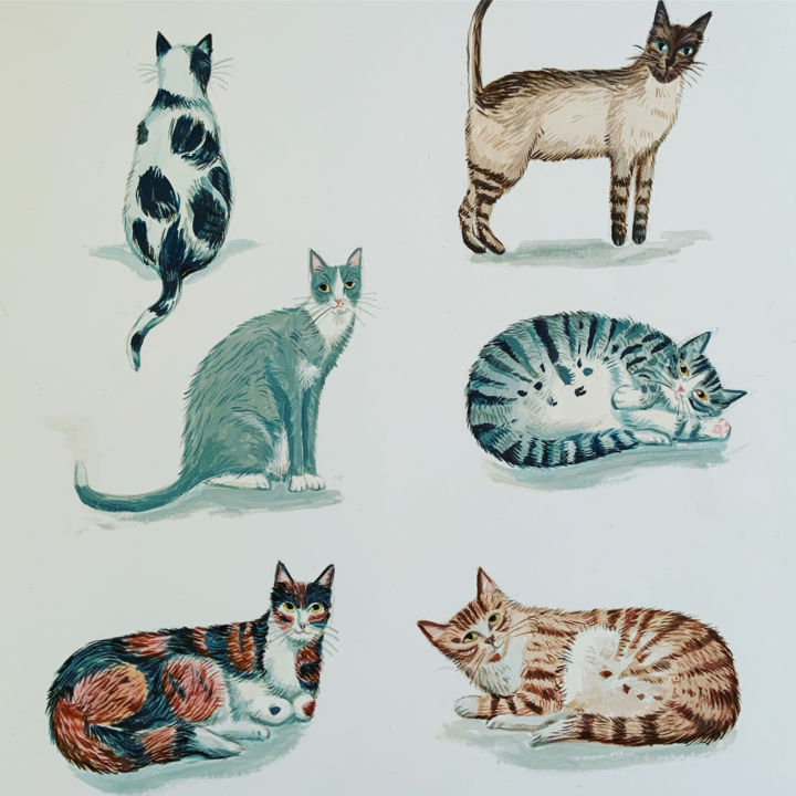 Картина под названием "Cats club" - Mary Stubberfield, Подлинное произведение искусства, Акрил