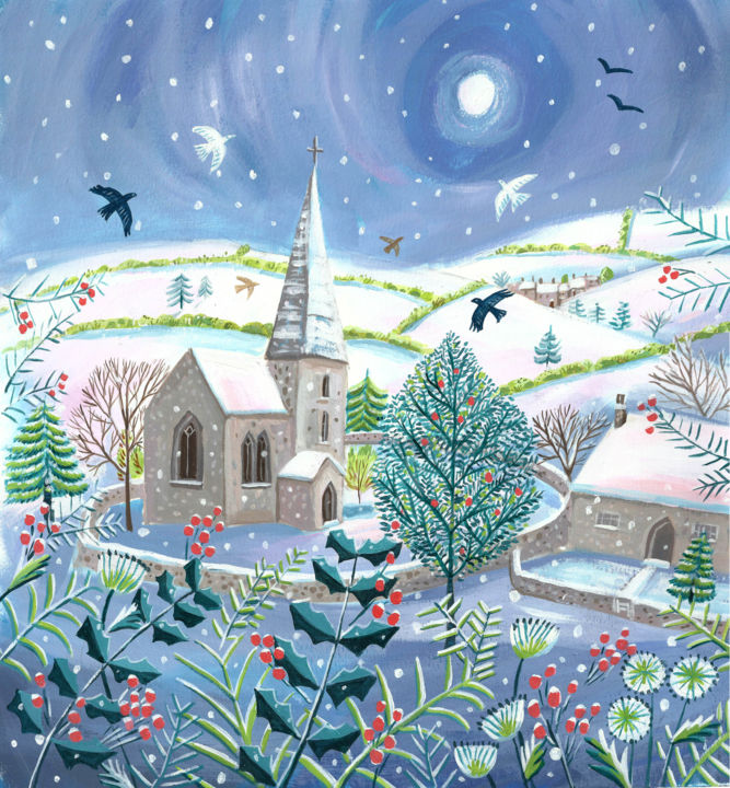 Malerei mit dem Titel "Winter village - sn…" von Mary Stubberfield, Original-Kunstwerk, Acryl