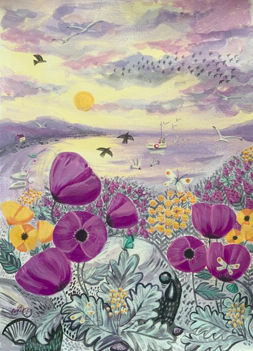 Painting titled "Floral seascape pai…" by Mary Stubberfield, Original Artwork, Acrylic