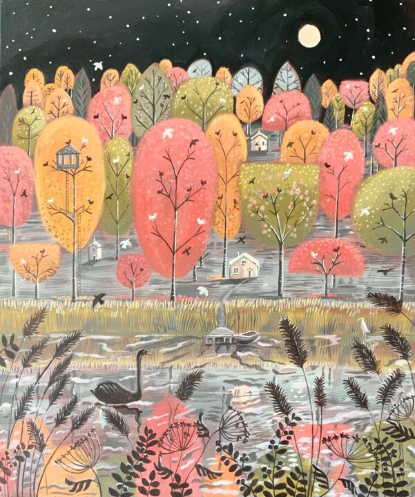 Картина под названием "Autumn Lake" - Mary Stubberfield, Подлинное произведение искусства, Акрил Установлен на Деревянная ра…