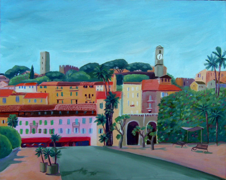Painting titled "Colourful Cannes" by Mary Stubberfield, Original Artwork, Oil Mounted on Wood Stretcher frame