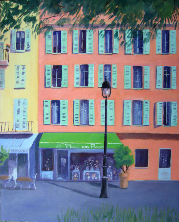 Painting titled "La Place aux Fleurs" by Mary Stubberfield, Original Artwork, Oil Mounted on Wood Stretcher frame