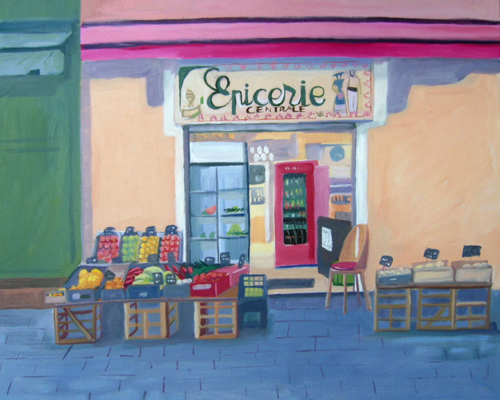 Painting titled "L'Epicerie" by Mary Stubberfield, Original Artwork, Oil Mounted on Wood Stretcher frame