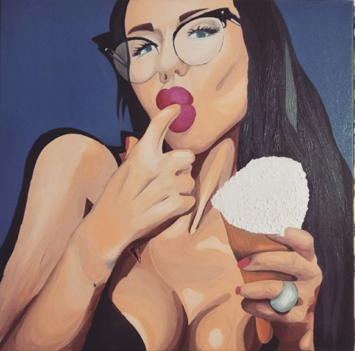 Painting titled "Девушка с мороженым…" by Marina Nikitina, Original Artwork, Oil Mounted on Wood Stretcher frame