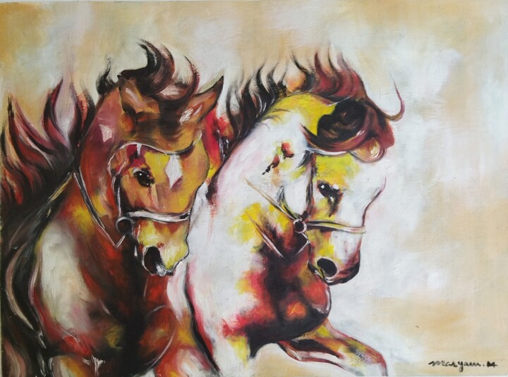 Painting titled "Two Buddies" by Maryam M Ahmed, Original Artwork, Oil