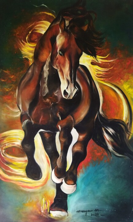Painting titled "Red Horse" by Maryam M Ahmed, Original Artwork, Oil