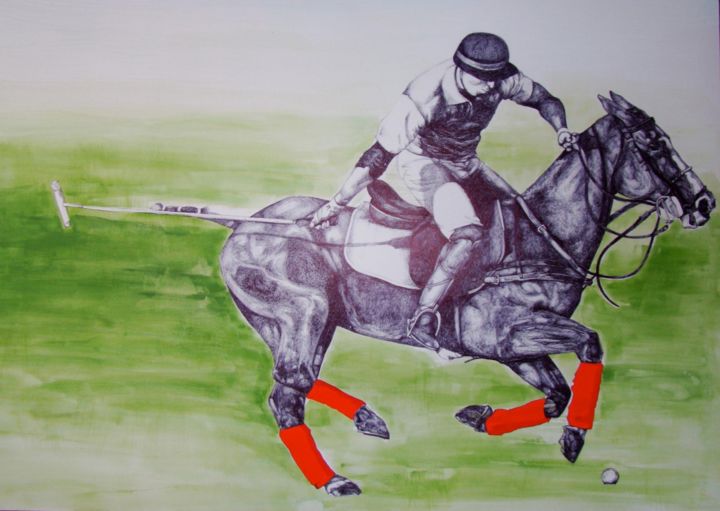 Drawing titled "Horse Rider" by Maryam Nilforoushan, Original Artwork, Ballpoint pen Mounted on Wood Panel