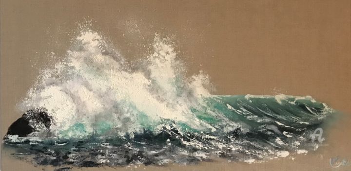 Painting titled "La vague" by Mary-Eve Ignatowicz, Original Artwork, Oil Mounted on Wood Stretcher frame
