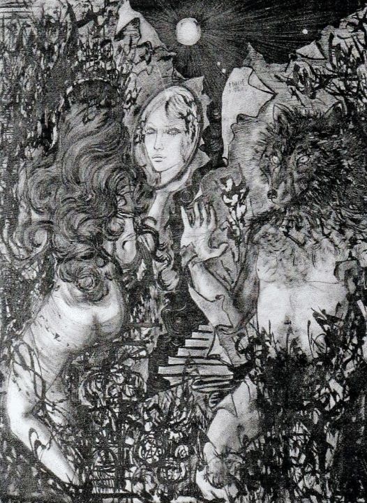 Drawing titled "La fiancée du Lycan…" by Maryfrance Dequidt-Mans (MANS.m), Original Artwork, Ink Mounted on Wood Panel