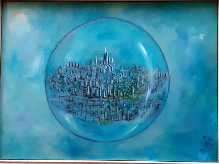 Peinture intitulée "Planète confinée" par Maryfrance Dequidt-Mans (MANS.m), Œuvre d'art originale, Huile