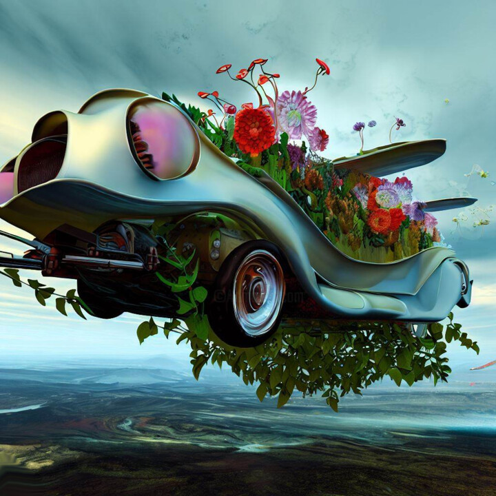 Цифровое искусство под названием "Flying car with flo…" - Mary Gov, Подлинное произведение искусства, Цифровая печать