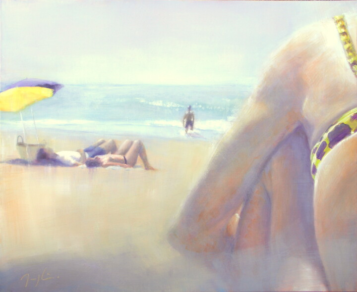 Painting titled "On the beach III" by Maryline Mercier, Original Artwork, Oil