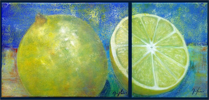 Painting titled "Just Lemon Diptyque" by Maryline Mercier, Original Artwork, Oil