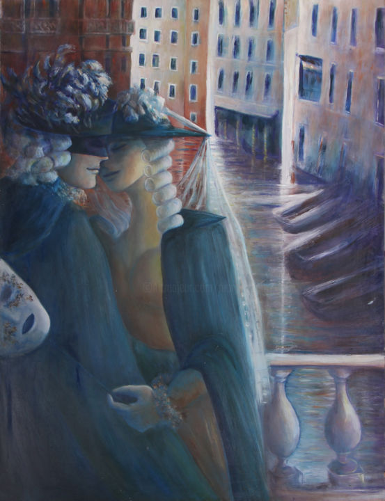 Painting titled "Amoureux sur le pont" by Mary Lozano, Original Artwork, Oil
