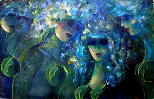 Painting titled "FLEURISTES SUR BLEU…" by Mary Lozano, Original Artwork