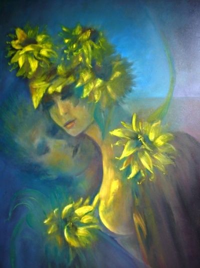 Painting titled "Amor y Girasoles" by Mary Lozano, Original Artwork, Oil