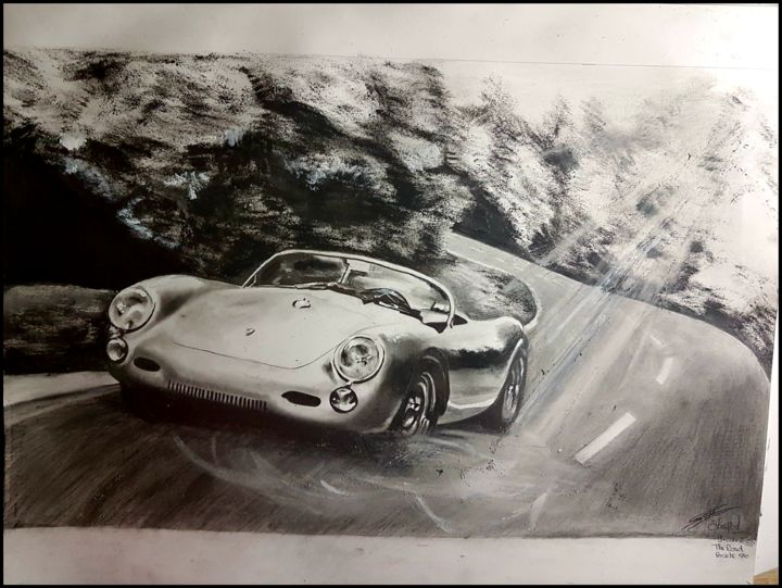 Drawing titled "Porshe 550 The Road" by Mary Mehr, Original Artwork, Charcoal