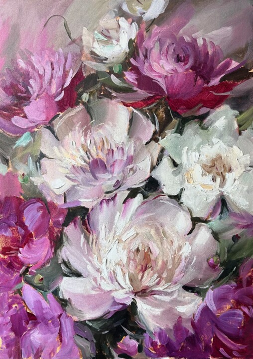 Картина под названием "Pink peonies — flow…" - Maryna Hryhorenko, Подлинное произведение искусства, Масло Установлен на Дере…